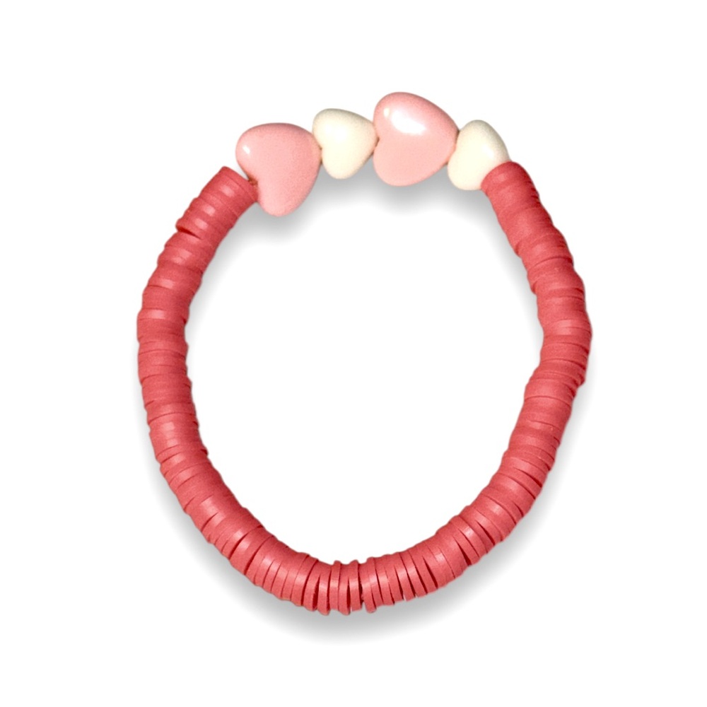 3 FOR $10 HANDCRAFTED Acrylic Pink & White Heart Clay Beaded Bracelet